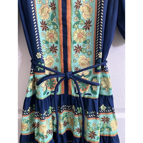 LUXXEL Navy Floral Puff Sleeve Button Front Tiered Maxi Dress Sz M NWT - Picture 5 of 16